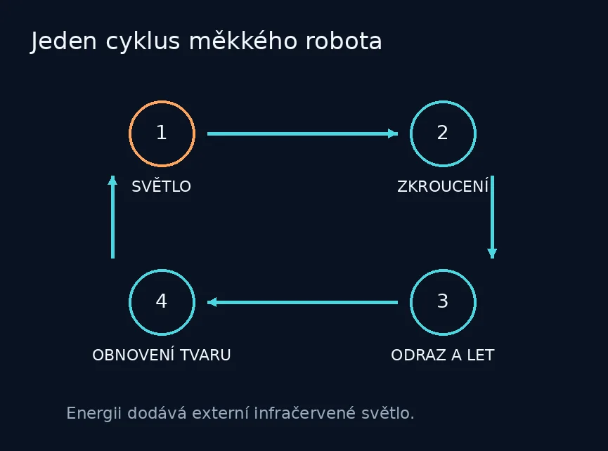 Schematický cyklus světelného robota: zkroucení smyčky, odraz, let a obnova tvaru.