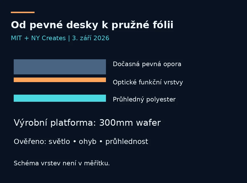 Schéma vrstev při výrobě: dočasná pevná opora, optické funkční vrstvy a průhledný polyester. Platforma používá 300mm wafer; vrstvy nejsou v měřítku.