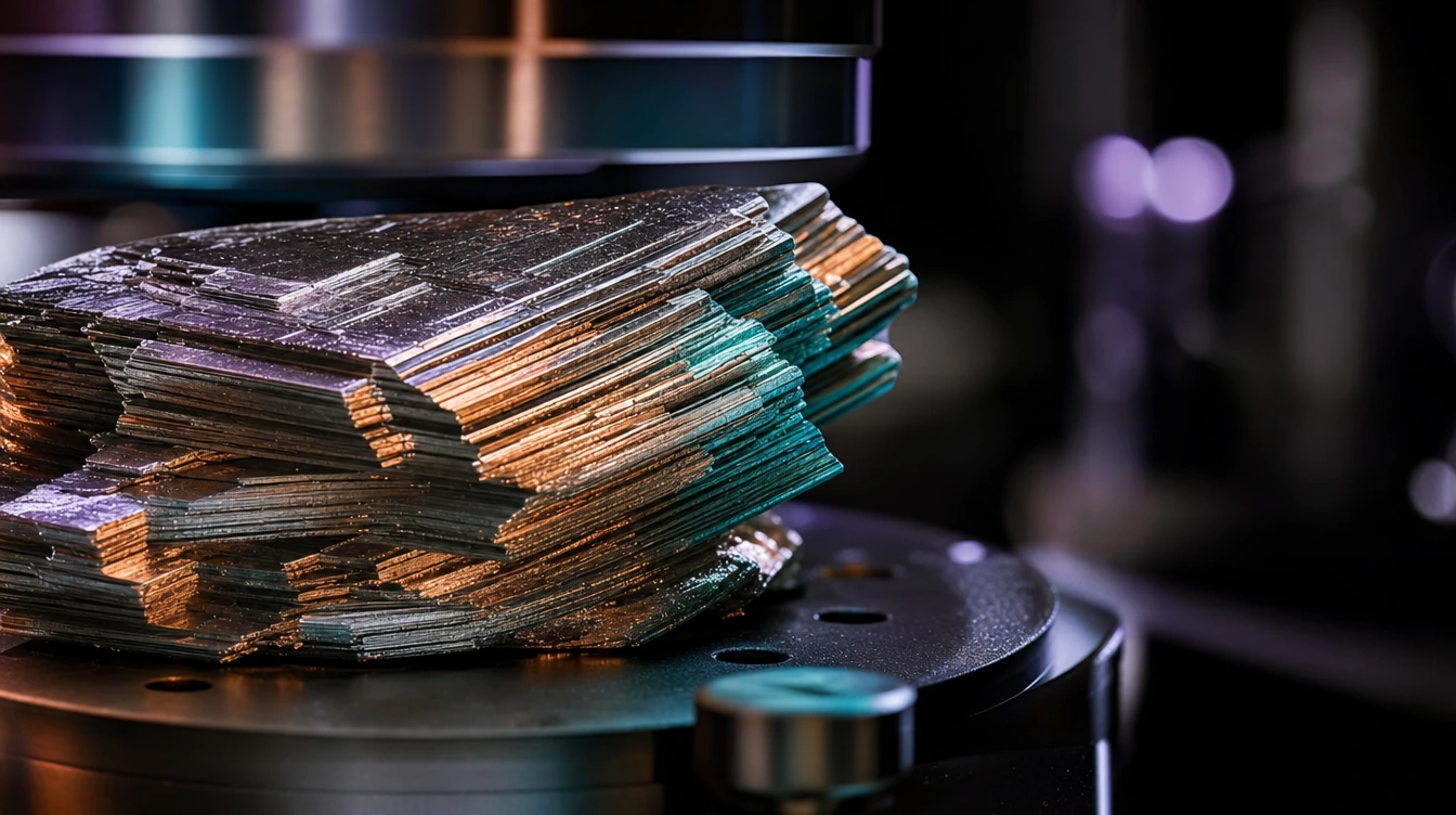 Ilustrační makrofotografická vizualizace vrstevnatého kovového krystalu na laboratorním držáku.