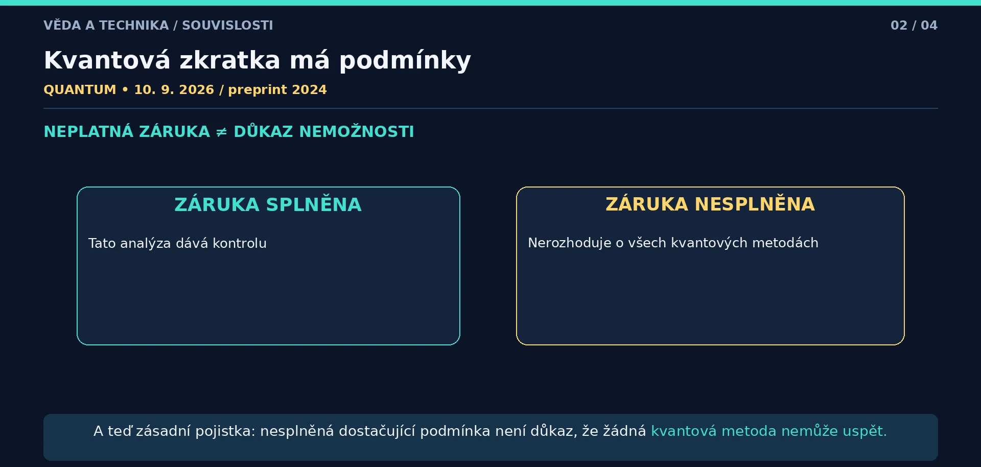 Oddělené karty: splněná záruka dává kontrolu v analýze, nesplněná záruka nerozhoduje o všech kvantových metodách.