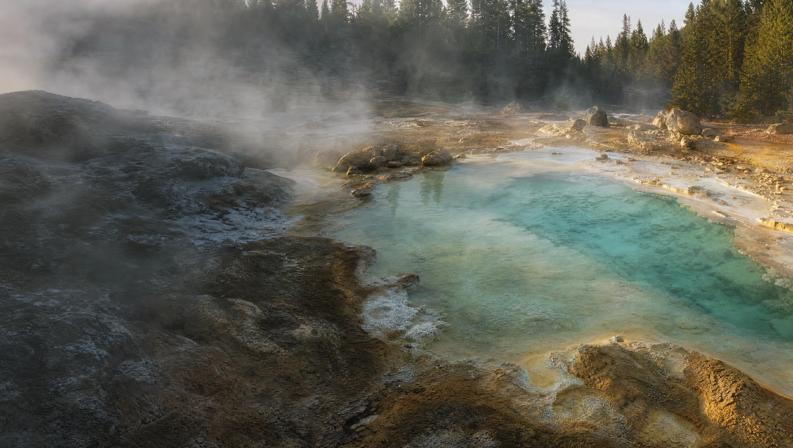 Ilustrační geotermální jezírko ve vulkanické krajině s párou a jehličnatým lesem.