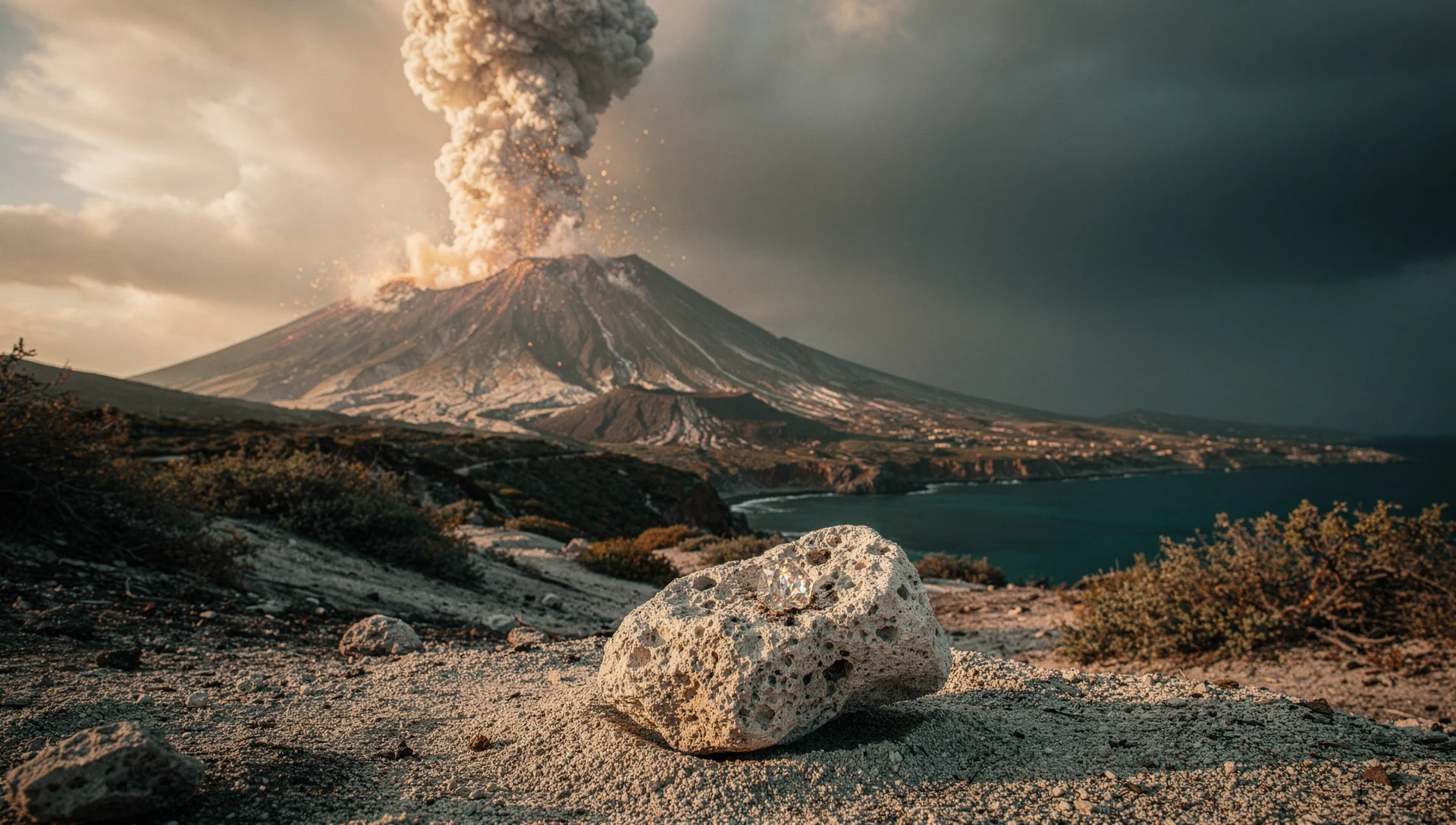 Ilustrační rekonstrukce sopečné erupce nad neobydleným pobřežím a pemza v popředí; nejde o fotografii Vesuvu roku 79.