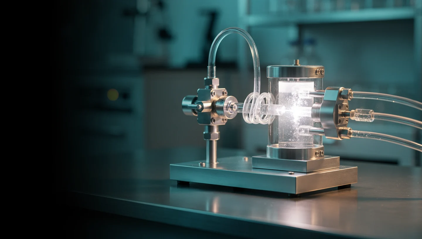Ilustrační fotorealistická scéna laboratorní aparatury s průhlednými hadičkami a optickou komorou. Není to fotografie skutečné platformy MIT.