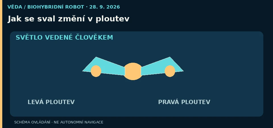 Vysvětlující schéma dvou ploutví: osvětlení jedné mění směr pohybu, obě mohou přispívat k přímému plavání; nejde o naměřenou trajektorii.