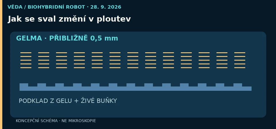 Schéma hranatých drážek v hydrogelu, které zarovnávají svalová vlákna; geometrie je výkladová, nikoli záznam mikroskopu.