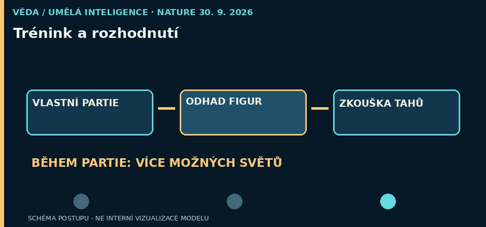 Schéma tří kroků: vlastní partie, odhad figur a zkouška možných tahů během rozehrané hry.