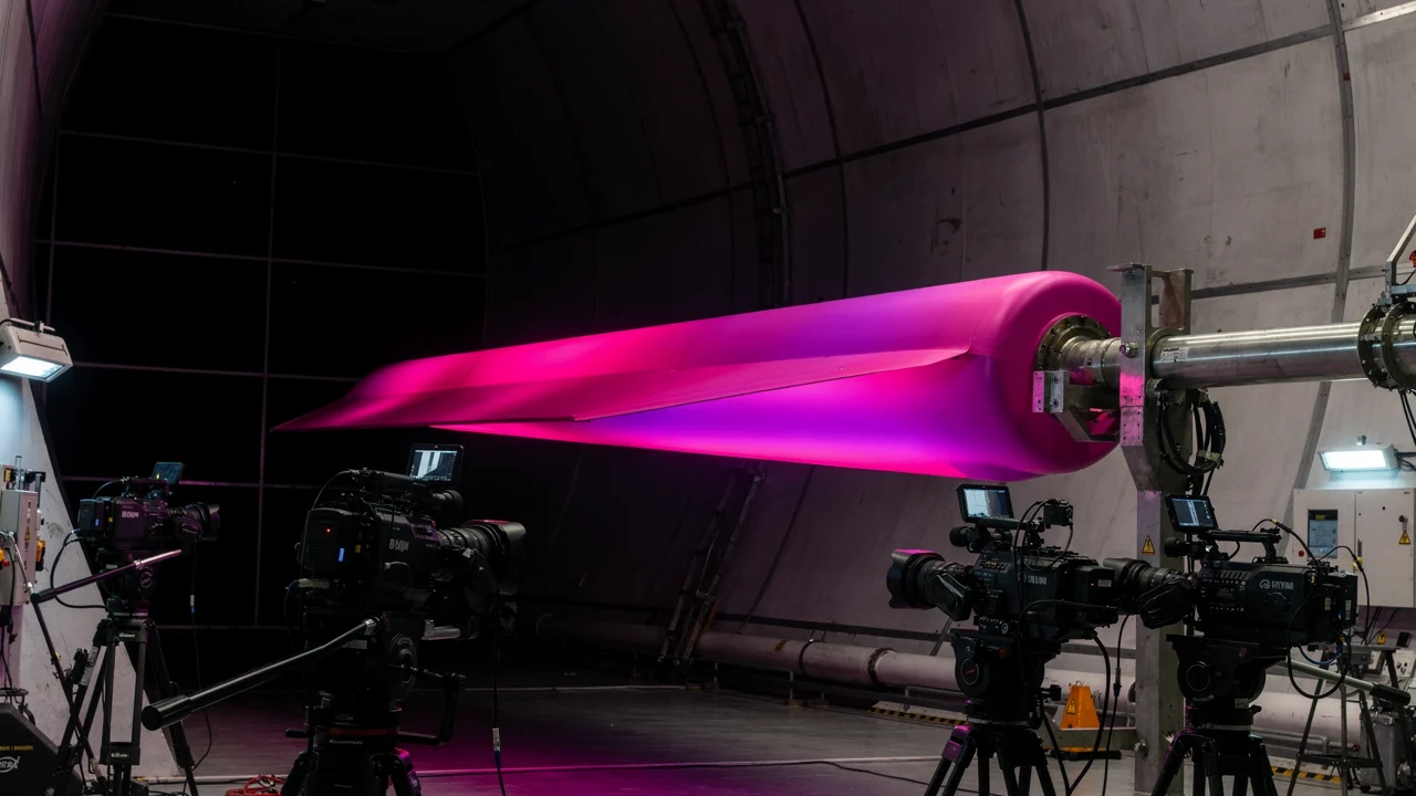 Původní ilustrační vizualizace růžově zářícího křídla v aerodynamickém tunelu; není to fotografie testu NASA ani naměřená tlaková mapa.