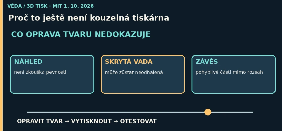 Schéma odděluje náhled tvaru od neověřené pevnosti a skrytých vad a doporučuje fyzický test.