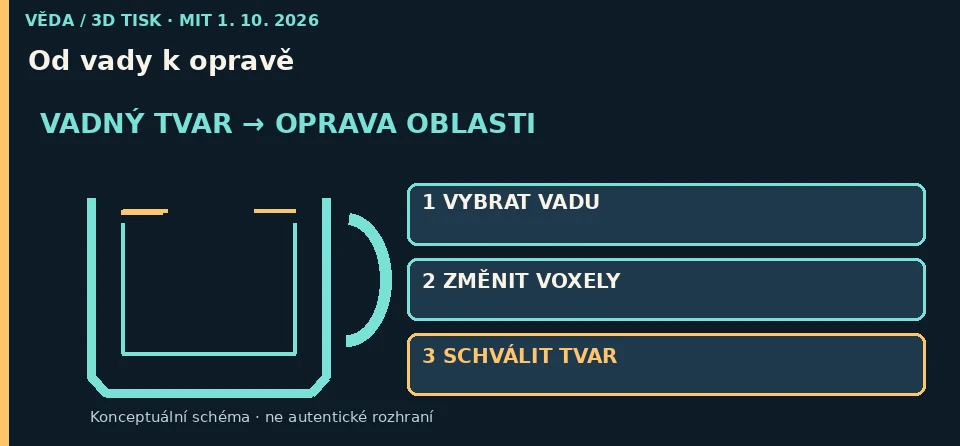 Třístupňové konceptuální schéma výběru vadné oblasti, úpravy objemových buněk a schválení tvaru.