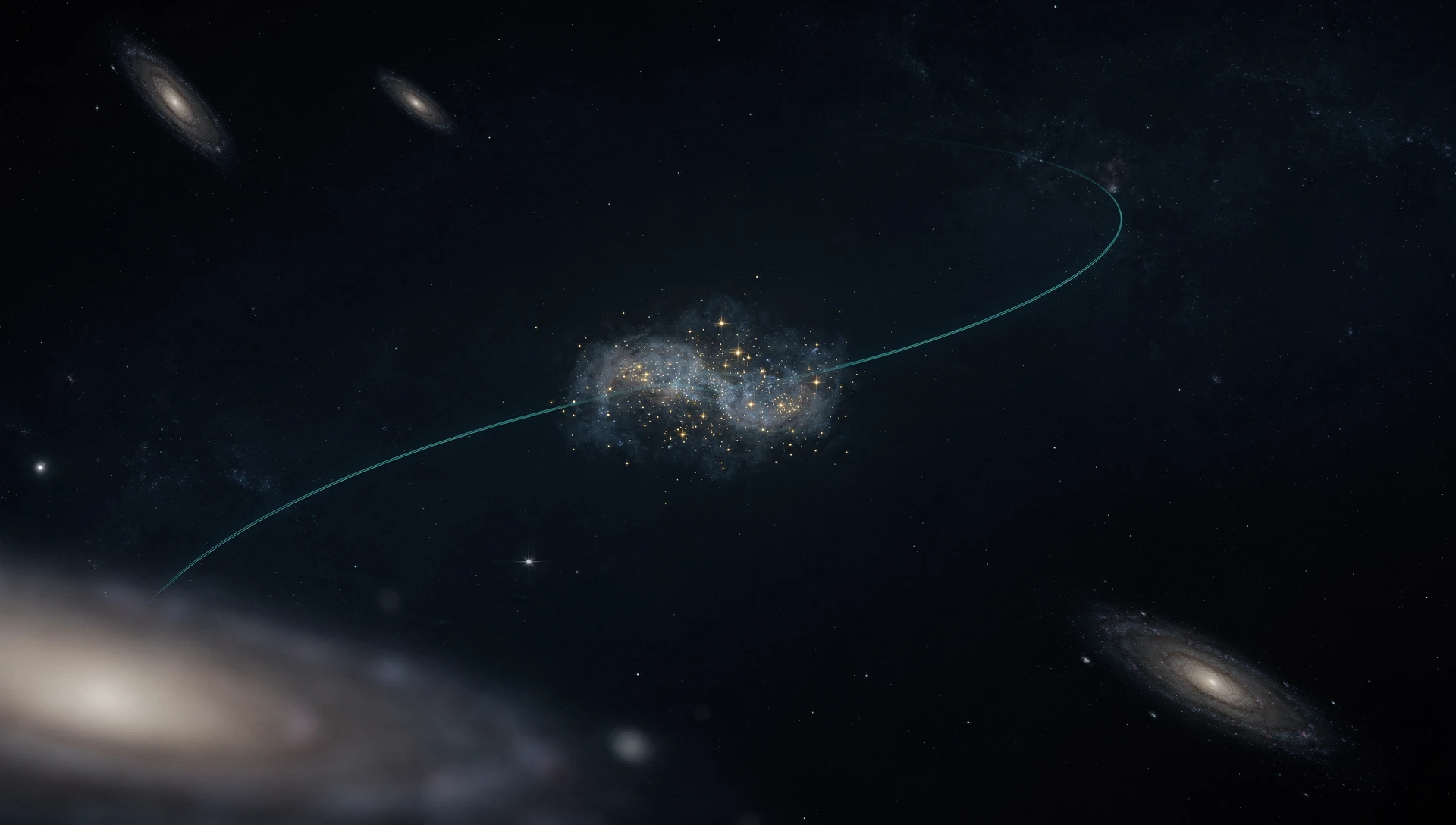 Konceptuální ilustrace vzdálené nepravidelné galaxie a stylizované rádiové dráhy; nejde o skutečný snímek Webbova teleskopu ani o měřenou geometrii.