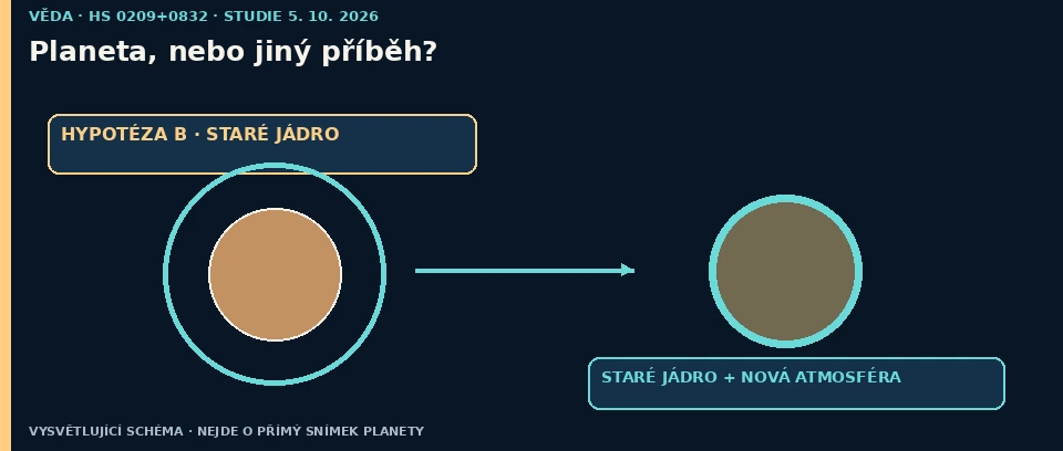 Autorské srovnání dvou hypotéz: nově vzniklé těleso versus staré planetární jádro s novou atmosférou.