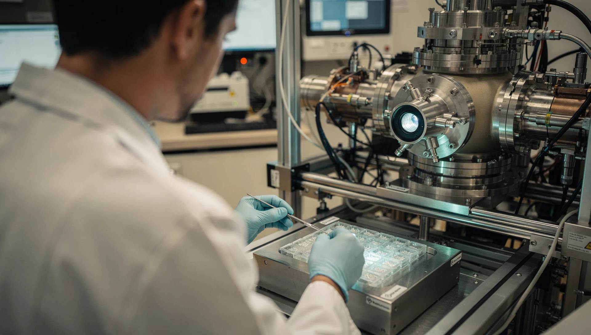 Ilustrační fotorealistický obraz vědce a laboratorní aparatury; nejde o fotografii experimentu IPNS.