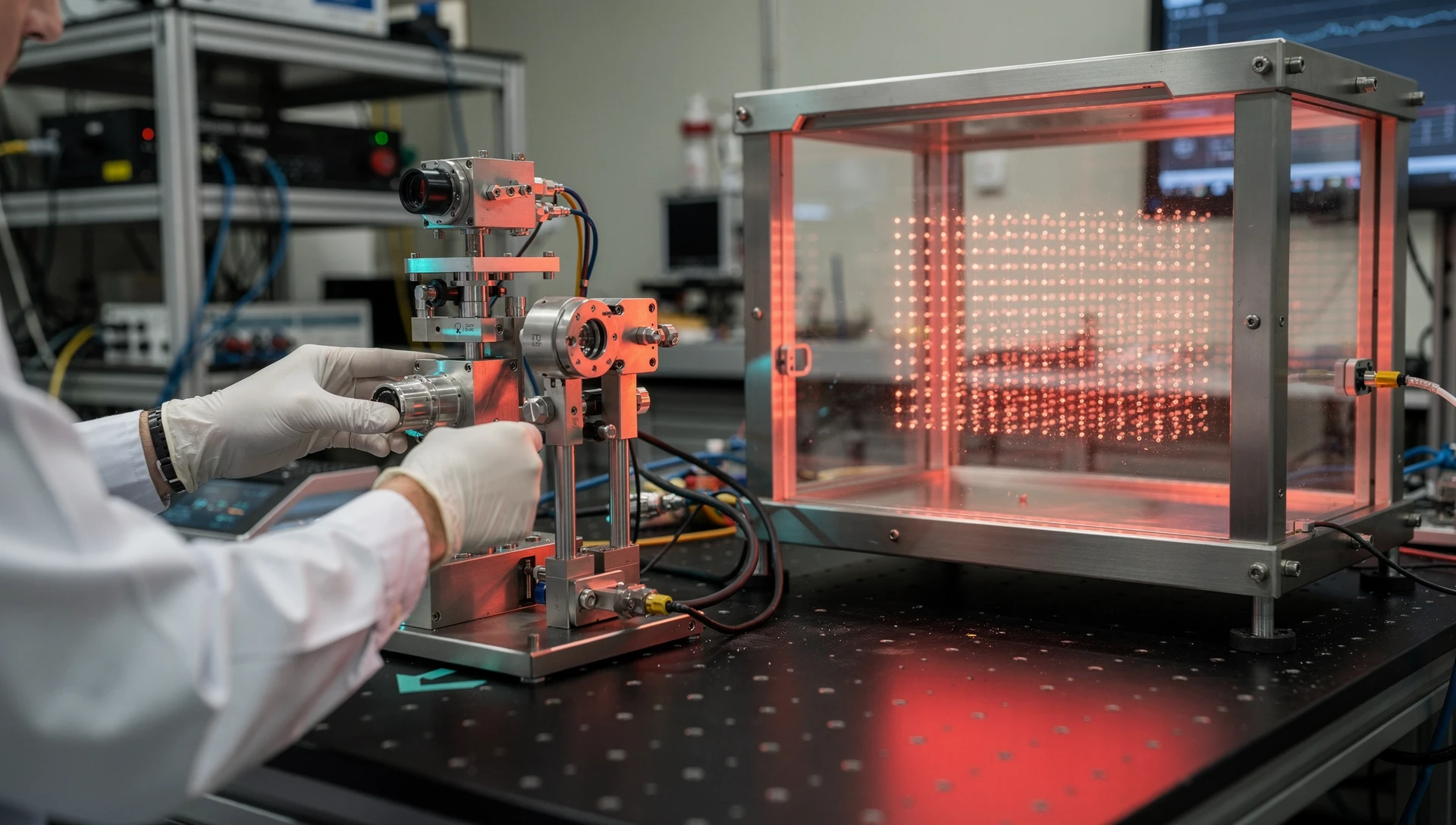 Původní fotorealistická ilustrační vizualizace atomové laboratoře a optického pole; nejde o fotografii experimentu studie.